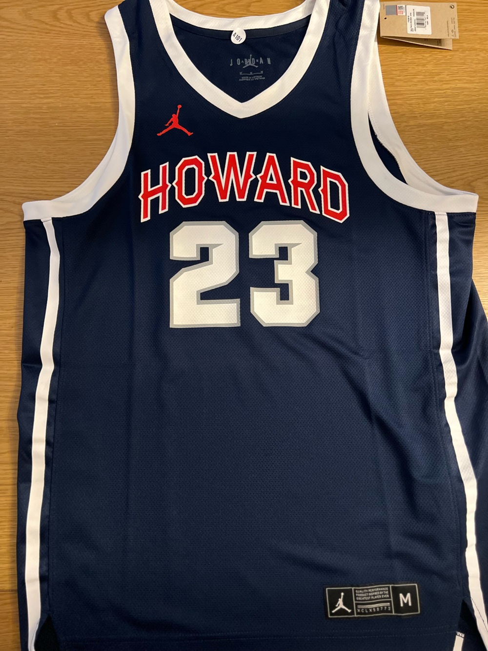 Jordan Navy Blue Howard #23 Basketball Jersey with White and Red Accents